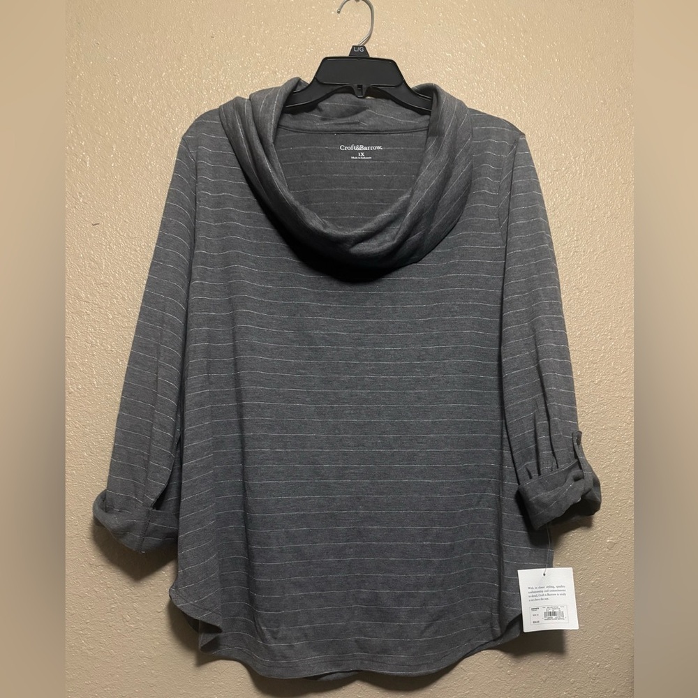 Croft & Barrow Gray Striped Cowl Neck Blouse